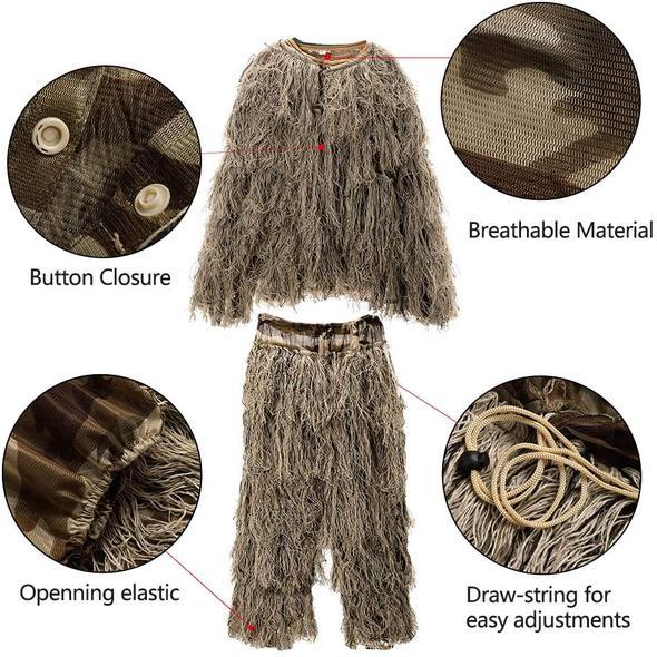 5 in 1 Ghillie Suit, 3D Camouflage Hunting Apparel Including Jacket, Pants, Hood, Carry Bag Suitable for Unisex Adults/Kids/Youth
