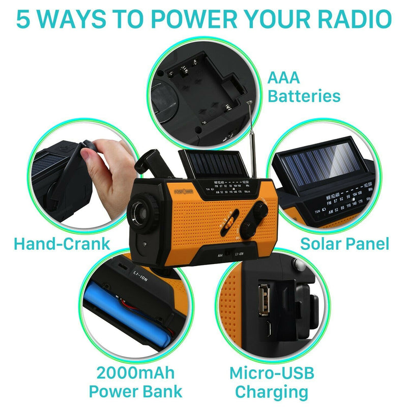Emergency Solar Hand Crank Weather Radio 2000mAh Power Bank Charger Flash Light